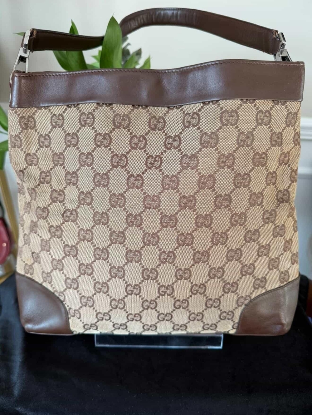 Gucci Vintage GG Canvas Brown Leather Shoulder Bag Hobo - Picture 4 of 14